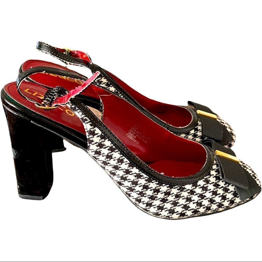 Liz & Co B&W Houndstooth with Ribbon Sling Back Heels Sz 7M